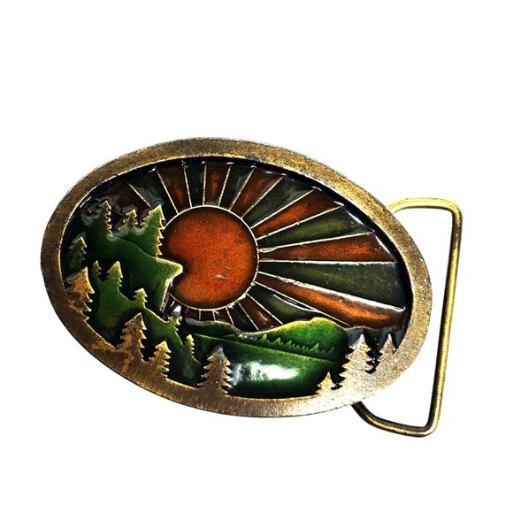 Indiana Metal Craft Brass Enameled Sunrise in the Mountains Belt Buckle Vintage main image 7